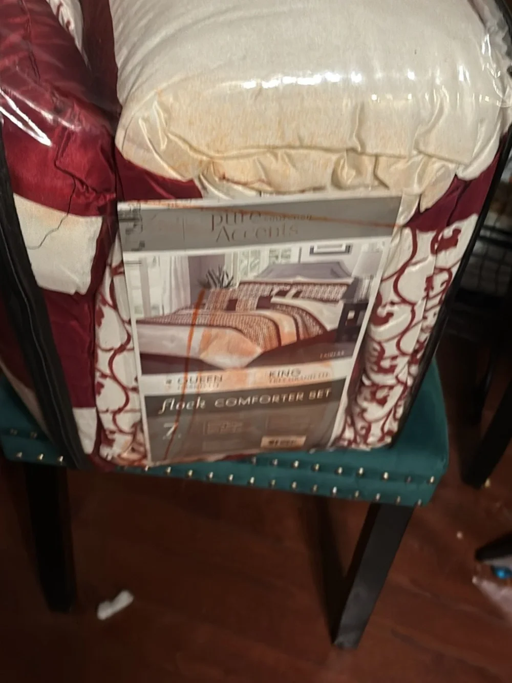 7-Piece Cream and Red Flocked Comforter Set - Home Bedding